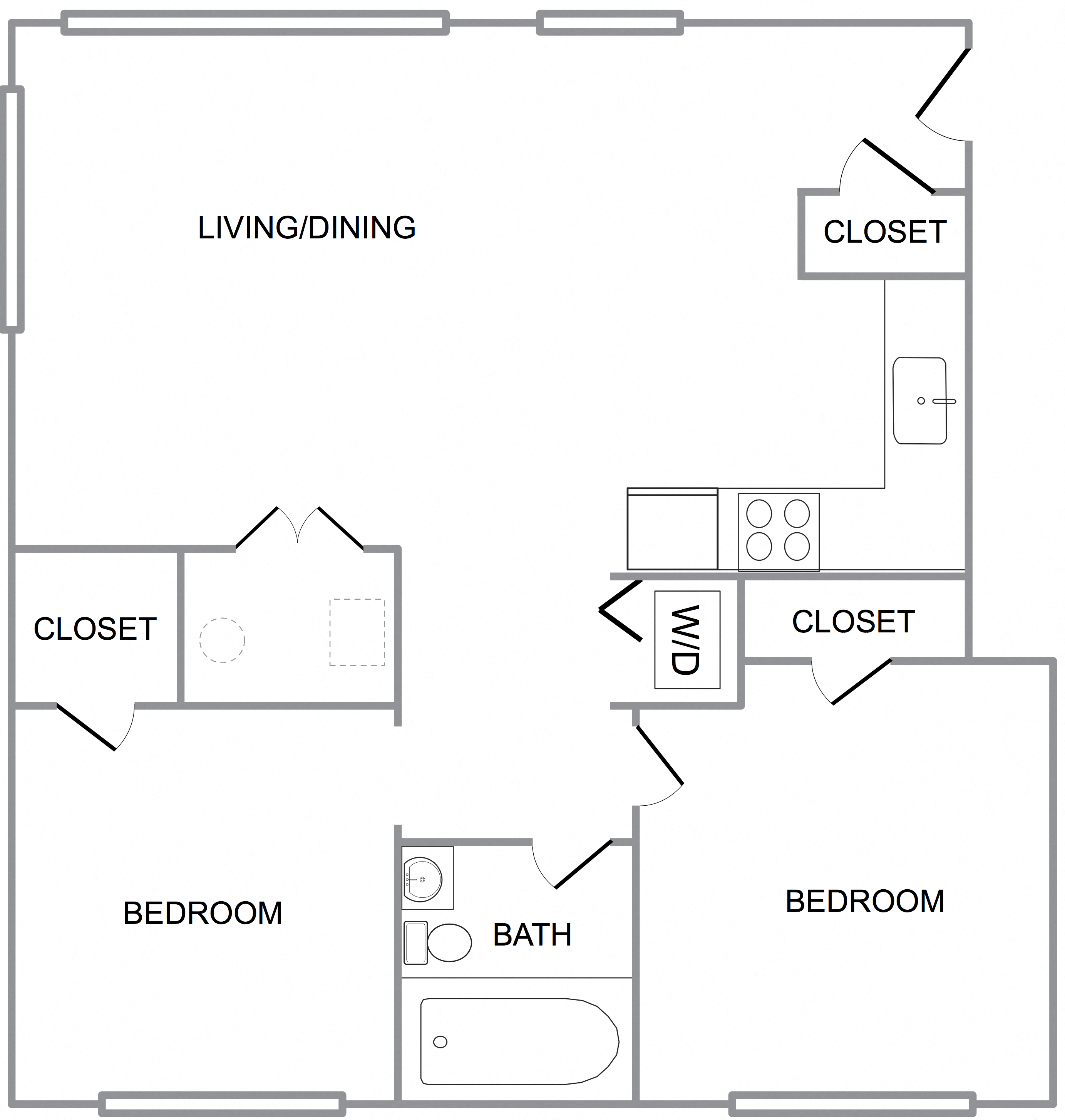 Floor plan for 2 beds, 1 bath, 800 sqft